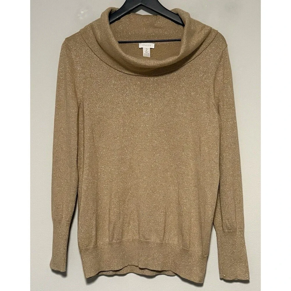 Chico’s Cowl Neck Sweater Sz 2 US 12 Gold Shimmer Metallic